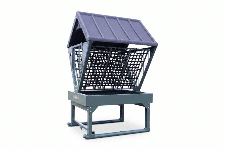 Green Farmco covered horse feeder with slow graze net with 2.5" openings