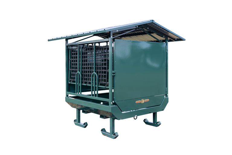 green Farmco horse feeder with black slow feed net system