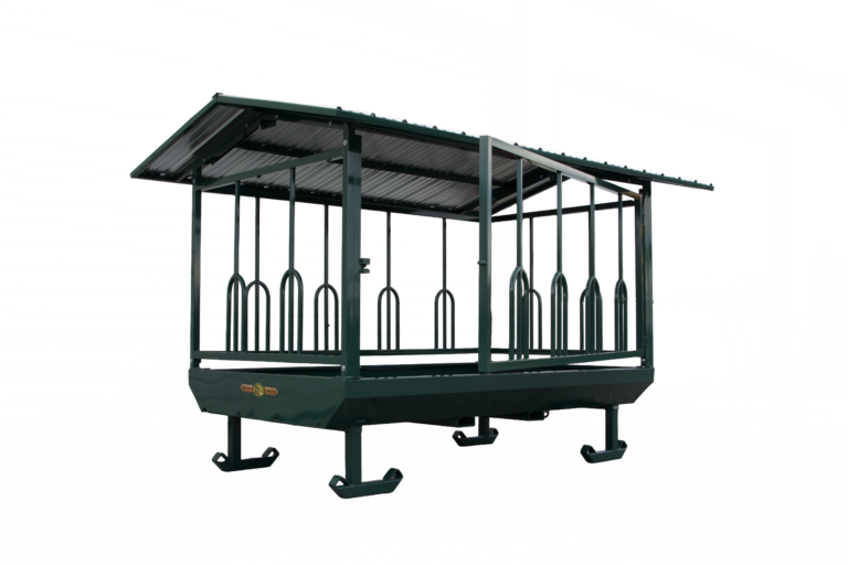 Green 10 feet long farmco feeder without slow graze option. Side load configuration with semi open gate.