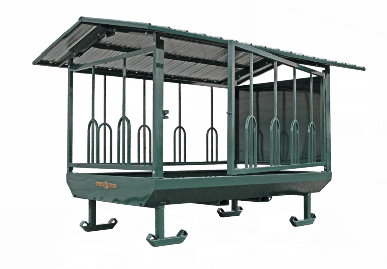Green 10 feet long Farmco horse feeder without slow graze nets. Door partly open.